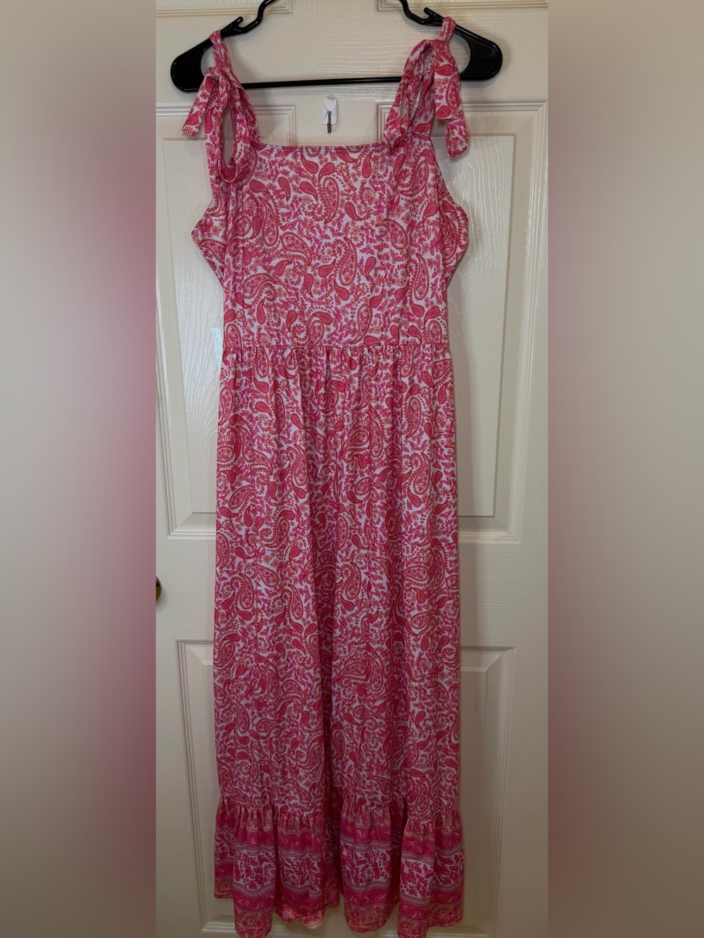 Pink Paisley Tie Shoulder Ruffle Maxi Dress
